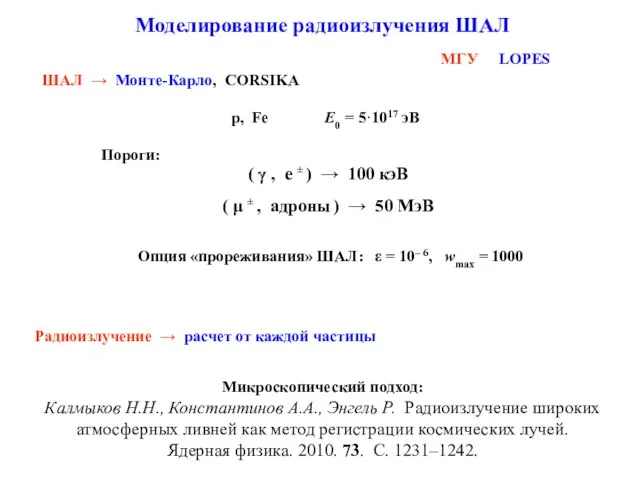 ШАЛ → Монте-Карло, CORSIKA Моделирование радиоизлучения ШАЛ Радиоизлучение → расчет от каждой