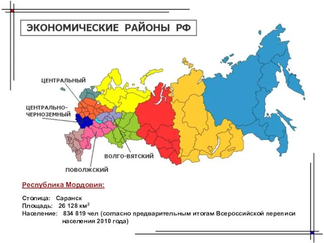 Республика Мордовия: Столица: Саранск Площадь: 26 128 км2 Население: 834 819 чел