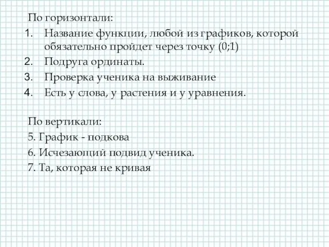 По горизонтали: Название функции, любой из графиков, которой обязательно пройдет через точку