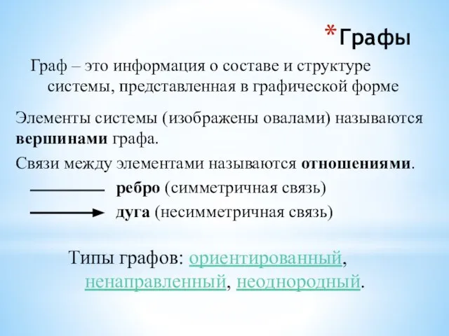 Графы Элементы системы (изображены овалами) называются вершинами графа. Связи между элементами называются