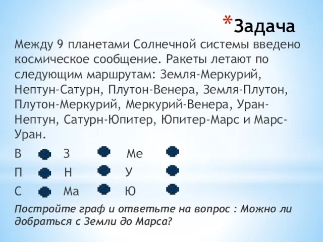 Задача Между 9 планетами Солнечной системы введено космическое сообщение. Ракеты летают по