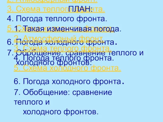 ПЛАН: 1. Такая изменчивая погода. 2. Атмосферный фронт. 3. Схема теплого фронта.