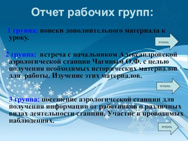 Отчет рабочих групп: 1 группа: поиски дополнительного материала к уроку. 2 группа: