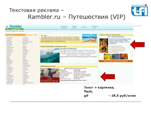 Текст + картинка, flash, gif – 28,5 руб/клик Текстовая реклама – Rambler.ru – Путешествия (VIP)