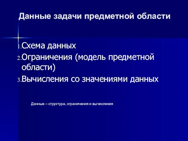 Схема данных Ограничения (модель предметной области) Вычисления со значениями данных Данные –