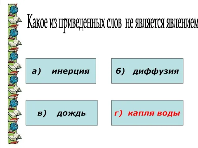 Какое из приведенных слов не является явлением? а) инерция в) дождь б) диффузия г) капля воды