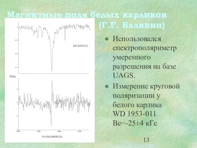 Магнитные поля белых карликов (Г.Г. Валявин) Использовался спектрополяриметр умеренного разрешения на базе