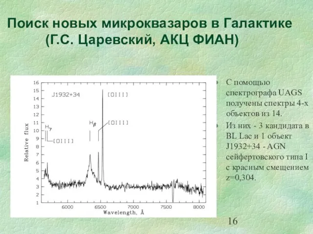 С помощью спектрографа UAGS получены спектры 4-х объектов из 14. Из них