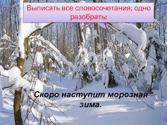 Выписать все словосочетания; одно разобрать: Скоро наступит морозная зима.