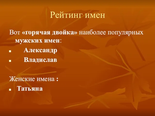 Рейтинг имен Вот «горячая двойка» наиболее популярных мужских имен: Александр Владислав Женские имена : Татьяна