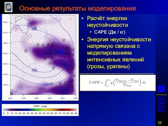 Основные результаты моделирования Расчёт энергии неустойчивости CAPE (Дж / кг) Энергия неустойчивости