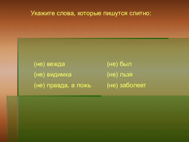 Укажите слова, которые пишутся слитно: (не) вежда (не) видимка (не) правда, а