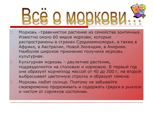 Морковь –травянистое растение из семейства зонтичных. Известно около 60 видов моркови, которые