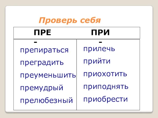 ПРИ- ПРЕ- препираться преградить преуменьшить премудрый прелюбезный прилечь прийти приохотить приподнять приобрести Проверь себя