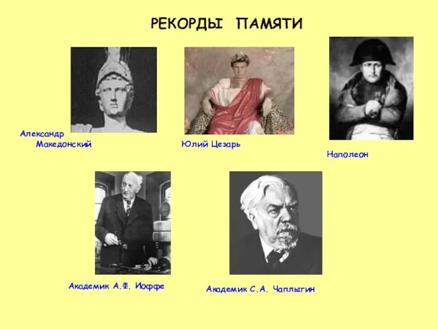 Александр Македонский Юлий Цезарь Наполеон Академик А.Ф. Иоффе Академик С.А. Чаплыгин РЕКОРДЫ ПАМЯТИ