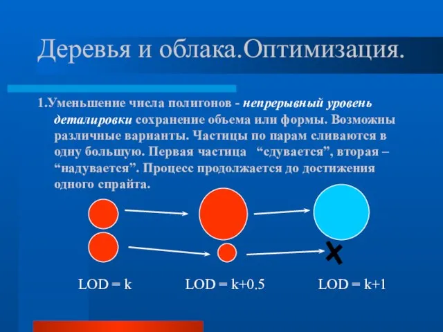 1.Уменьшение числа полигонов - непрерывный уровень деталировки сохранение объема или формы. Возможны