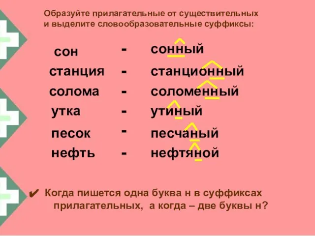 Образуйте прилагательные от существительных и выделите словообразовательные суффиксы: сон станция солома утка