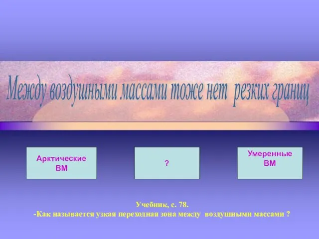 Между воздушными массами тоже нет резких границ Арктические ВМ ? Умеренные ВМ