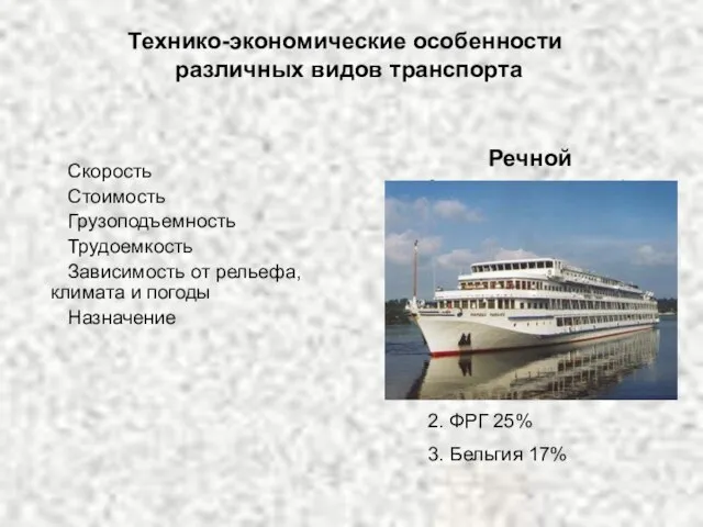 Технико-экономические особенности различных видов транспорта Скорость Стоимость Грузоподъемность Трудоемкость Зависимость от рельефа,