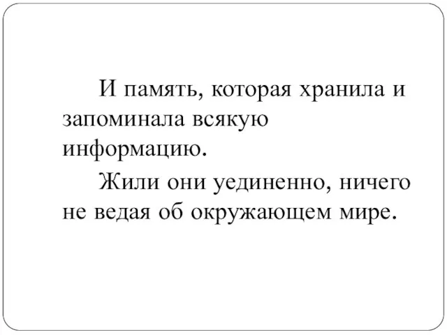 И память, которая хранила и запоминала всякую информацию. Жили они уединенно, ничего