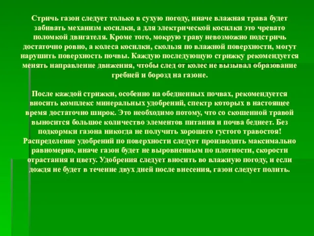 Стричь газон следует только в сухую погоду, иначе влажная трава будет забивать