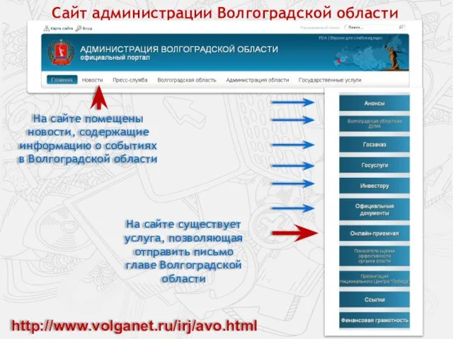 Сайт администрации Волгоградской области На сайте помещены новости, содержащие информацию о событиях