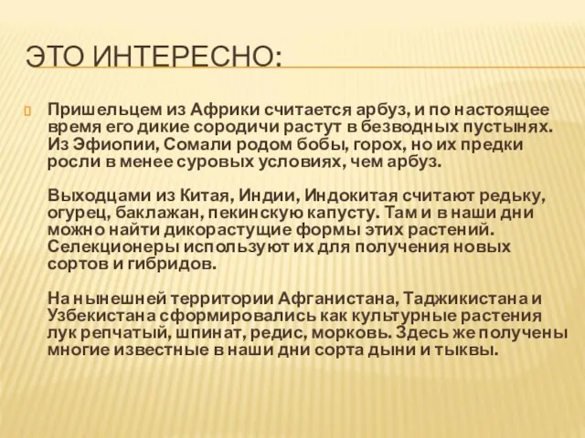 ЭТО ИНТЕРЕСНО: Пришельцем из Африки считается арбуз, и по настоящее время его