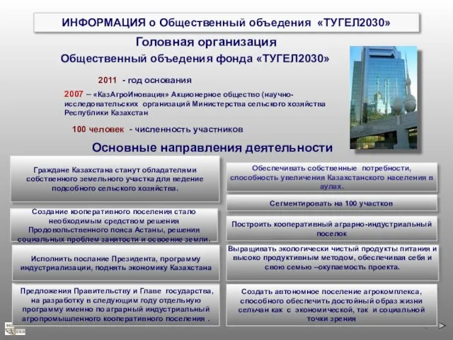 ИНФОРМАЦИЯ о Общественный объедения «ТУГЕЛ2030» Головная организация 2011 - год основания Граждане