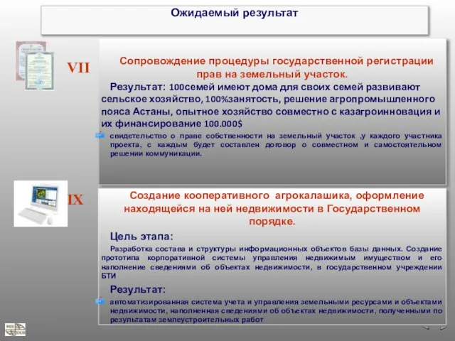 VII Ожидаемый результат Сопровождение процедуры государственной регистрации прав на земельный участок. Результат: