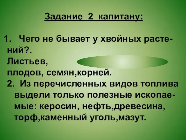 Задание 2 капитану: Чего не бывает у хвойных расте- ний?. Листьев, плодов,