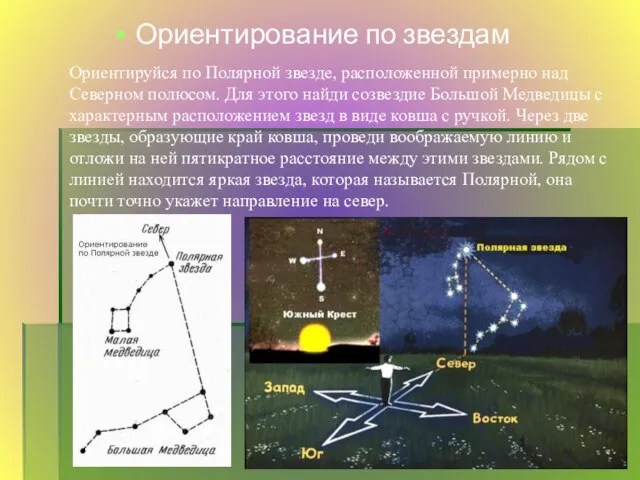 Ориентирование по звездам Ориентируйся по Полярной звезде, расположенной примерно над Северном полюсом.