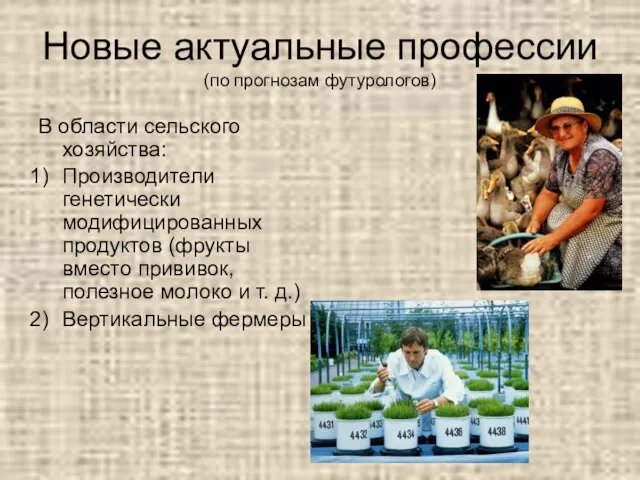 Новые актуальные профессии (по прогнозам футурологов) В области сельского хозяйства: Производители генетически