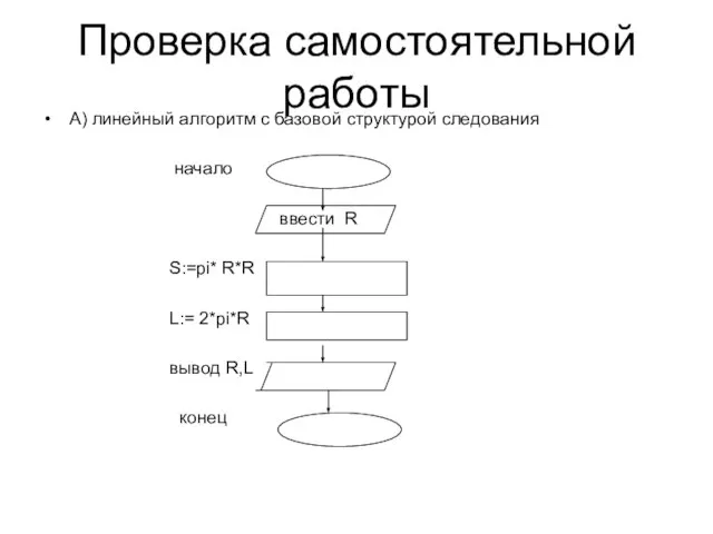 Проверка самостоятельной работы А) линейный алгоритм с базовой структурой следования начало ввести