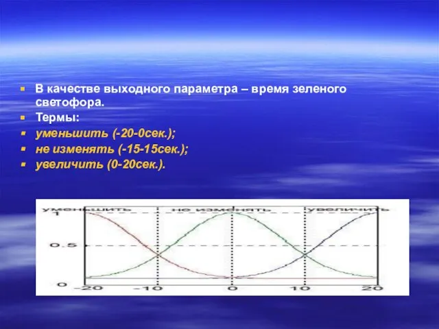 В качестве выходного параметра – время зеленого светофора. Термы: уменьшить (-20-0сек.); не изменять (-15-15сек.); увеличить (0-20сек.).