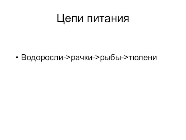 Цепи питания Водоросли->рачки->рыбы->тюлени