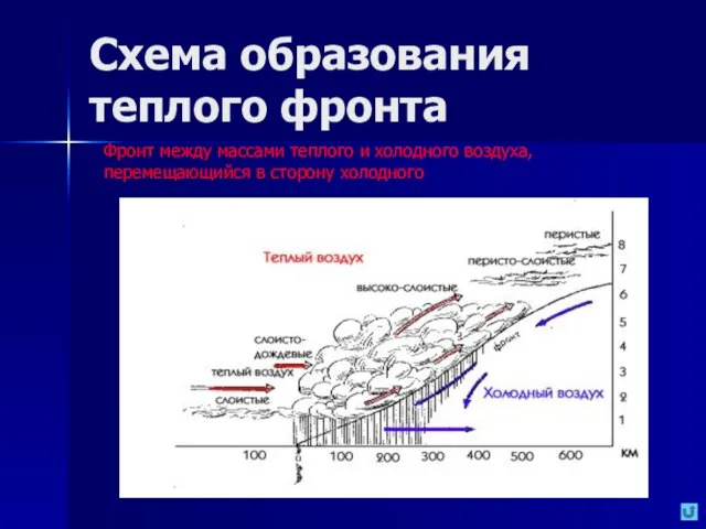 Схема образования теплого фронта Фронт между массами теплого и холодного воздуха, перемещающийся в сторону холодного