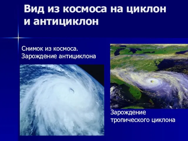 Вид из космоса на циклон и антициклон Снимок из космоса. Зарождение антициклона Зарождение тропического циклона