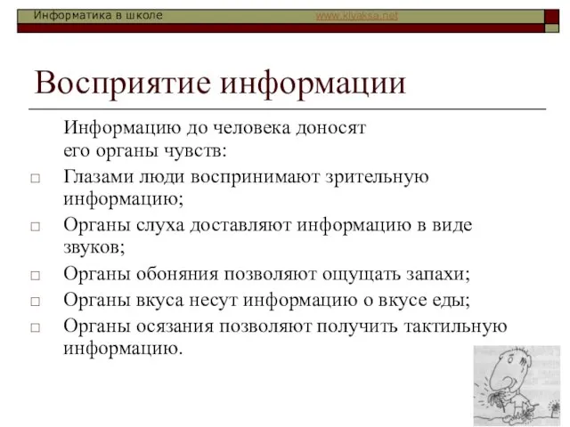 Восприятие информации Информацию до человека доносят его органы чувств: Глазами люди воспринимают