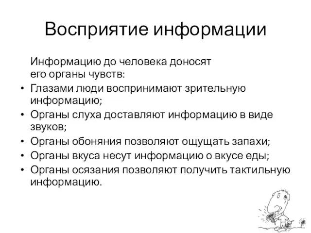 Восприятие информации Информацию до человека доносят его органы чувств: Глазами люди воспринимают