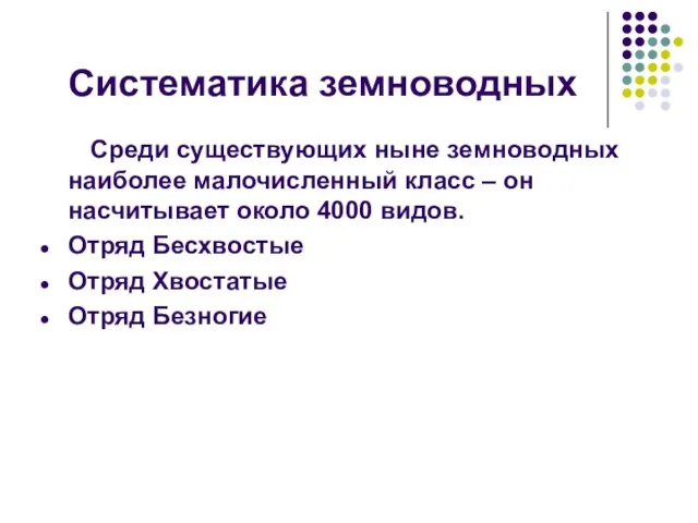 Систематика земноводных Среди существующих ныне земноводных наиболее малочисленный класс – он насчитывает