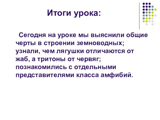 Итоги урока: Сегодня на уроке мы выяснили общие черты в строении земноводных;