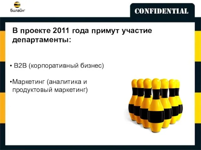 В проекте 2011 года примут участие департаменты: В2В (корпоративный бизнес) Маркетинг (аналитика и продуктовый маркетинг)