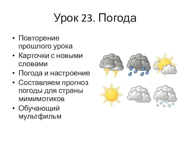 Урок 23. Погода Повторение прошлого урока Карточки с новыми словами Погода и