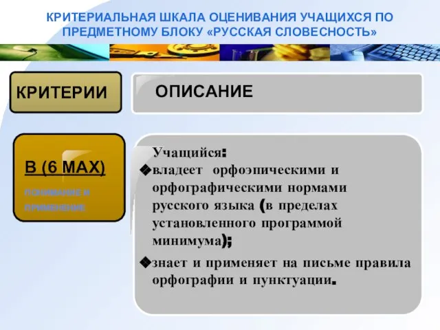 КРИТЕРИАЛЬНАЯ ШКАЛА ОЦЕНИВАНИЯ УЧАЩИХСЯ ПО ПРЕДМЕТНОМУ БЛОКУ «РУССКАЯ СЛОВЕСНОСТЬ» КРИТЕРИИ В (6