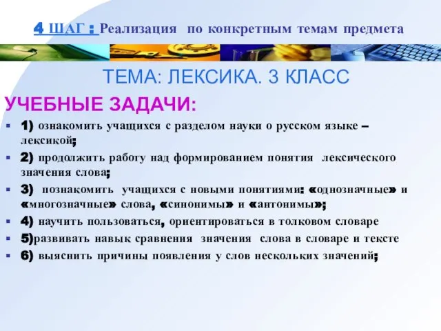 4 ШАГ : Реализация по конкретным темам предмета ТЕМА: ЛЕКСИКА. 3 КЛАСС