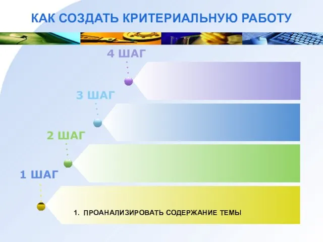 КАК СОЗДАТЬ КРИТЕРИАЛЬНУЮ РАБОТУ 1 ШАГ 1. ПРОАНАЛИЗИРОВАТЬ СОДЕРЖАНИЕ ТЕМЫ 2 ШАГ 3 ШАГ 4 ШАГ