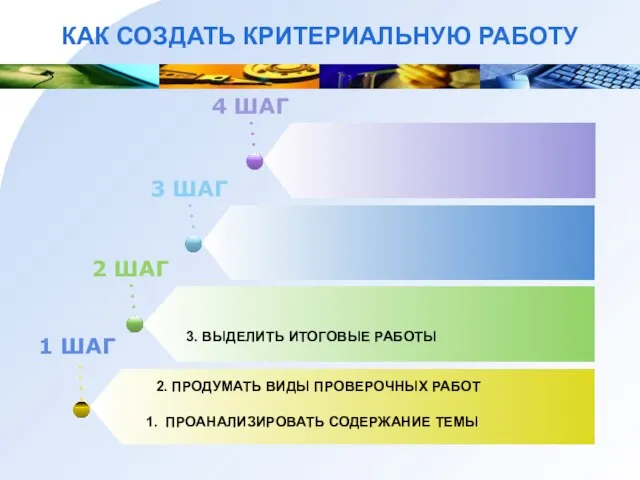 КАК СОЗДАТЬ КРИТЕРИАЛЬНУЮ РАБОТУ 1 ШАГ 1. ПРОАНАЛИЗИРОВАТЬ СОДЕРЖАНИЕ ТЕМЫ 2 ШАГ