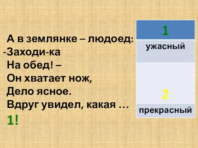 А в землянке – людоед: Заходи-ка На обед! – Он хватает нож,