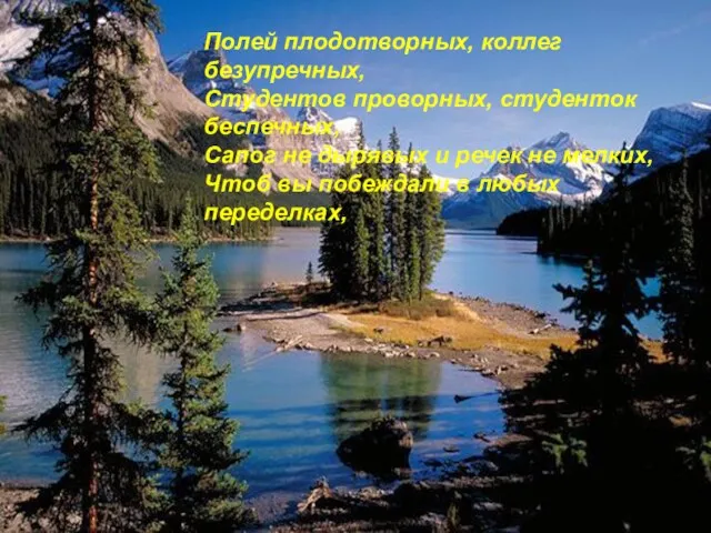 Полей плодотворных, коллег безупречных, Студентов проворных, студенток беспечных, Сапог не дырявых и