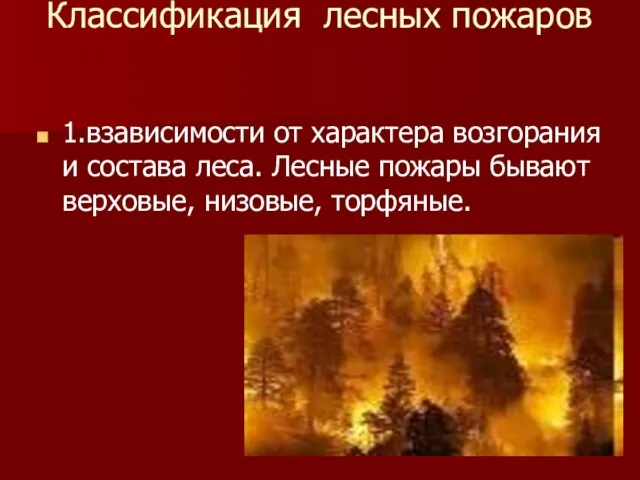 Классификация лесных пожаров 1.взависимости от характера возгорания и состава леса. Лесные пожары бывают верховые, низовые, торфяные.